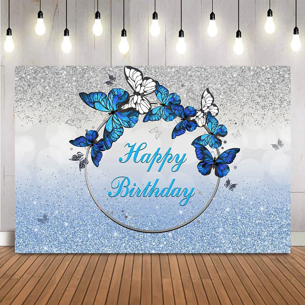 Blue Birthday Backdrop Sliver Glitter Happy Birthday Party Decoration