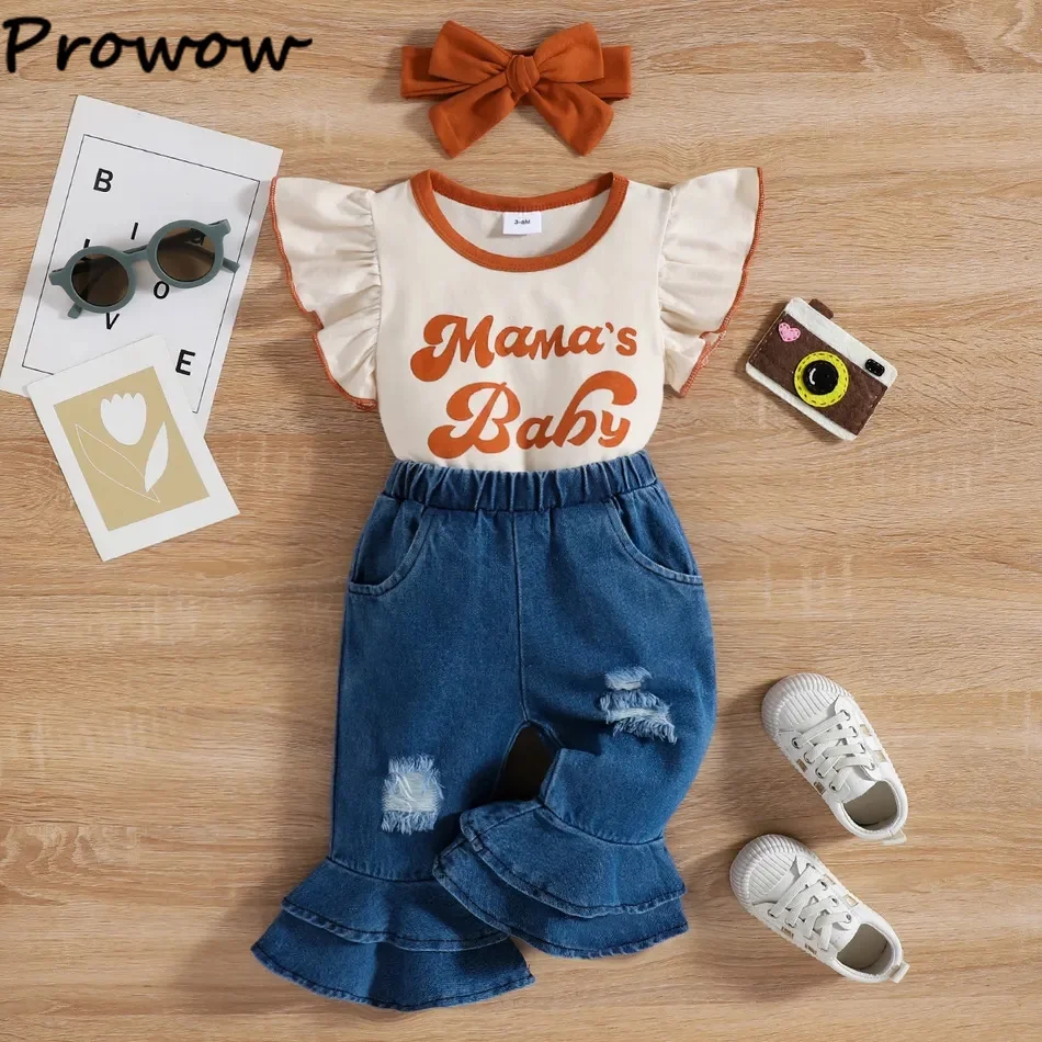 baby shirt clothing set Prowow 3-24M Denim Baby Girls Outfits Set Ruffles Mama's Baby T-shirts Flared Jeans Pants 2022 Newborn Baby Clothes Girls Suit Baby Clothing Set classic