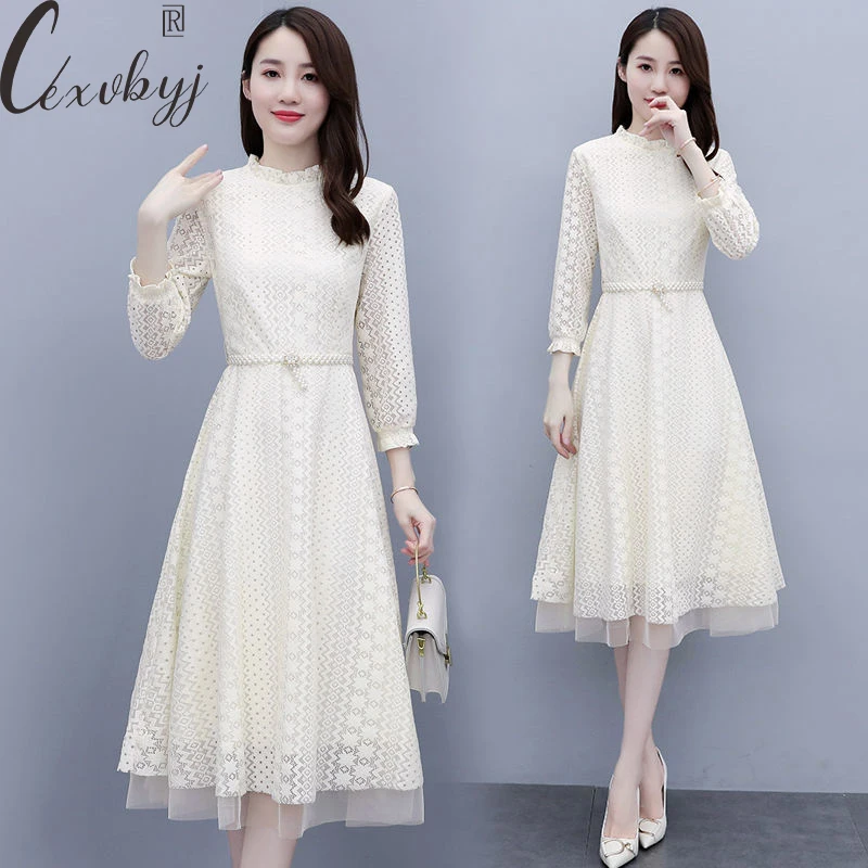 

Women Mesh Patchwork Midi Dress Korean Hollow Out Long Sleeve Vestidos With Pearl Belt Office Lady Vintage Lace Party Vestidos