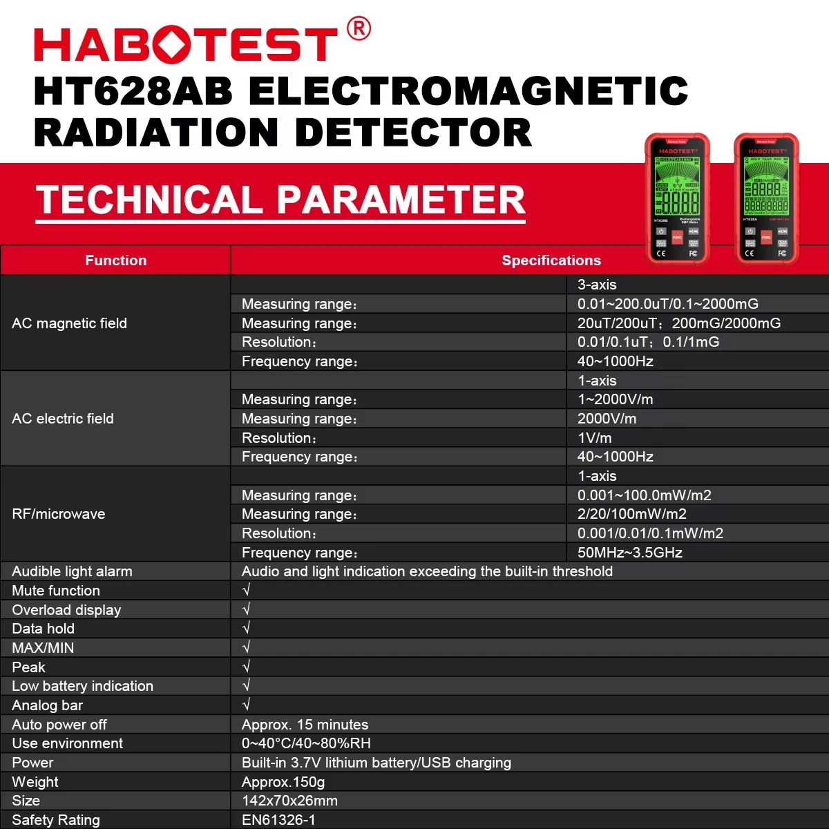 HABOTEST EMF 계량기 전자기 방사선 테스터, 전기장 자기장 RF 방사선 무선 주파수 검출기, HT628