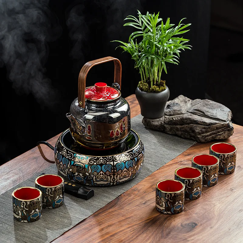 Taotie Design Retro Ceramic Tea Maker Radiant-cooker Metal Inlay Boiling Teapot retro Control Gift Package 6cups one set