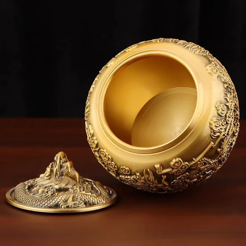 Chinese Style Brass Animal Cow Pattern Sealed Tea Can, Portable Travel Mini Storage Furnishings Office Decor Copper Tea Box, 1Pc