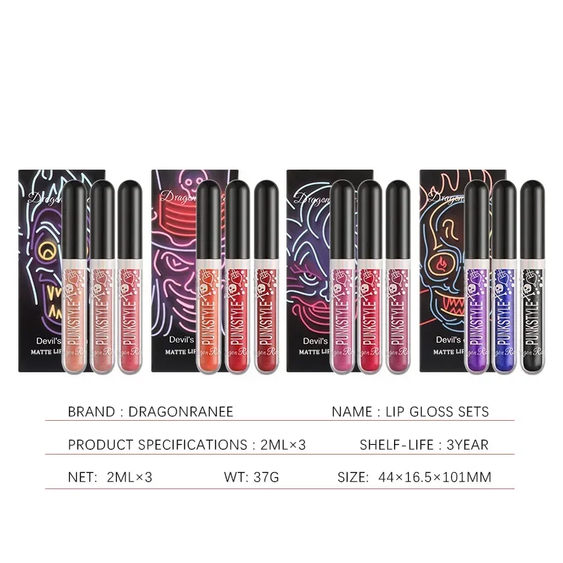 3pcs Glitter Lipstick Set Waterproof Sexy Blue Purple Black Lip Gloss Shiny Lip Tint Halloween Lip Makeup Tool Korean Cosmetics 6