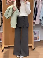 Plus Size ay Woolen Thiened Removable Wide Leg Pants Women's Fake Two-Piece High Waist Lazy Design Casual Pants Autumn Winter - Image 4
