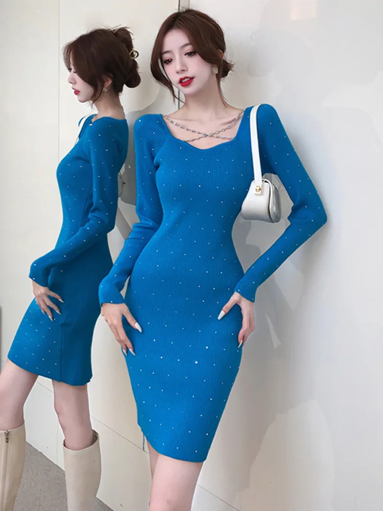 

Autumn Winter Rivet Stitching Bead Casual Pullover Sweater Vestidos Elegant Simple Office Dress Knit Women's Dresses