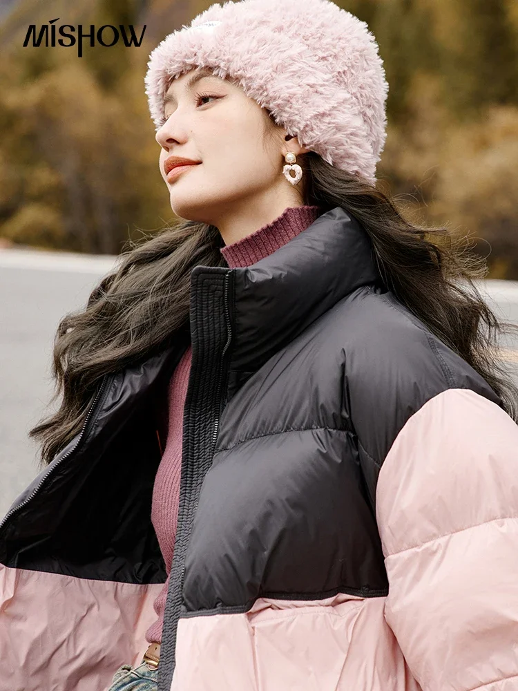 MISHOW Winter 90% White Duck Down Coat Women 2023 Stand Collar Color Block Short Puffer Jacket Loose Korean Outerwear MXC52Y0009
