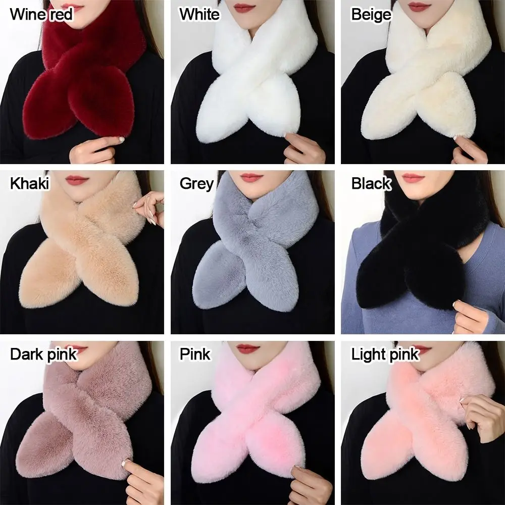 Cute Solid Color Cross Scarf Faux Rabbit Fur Thicken Neck Scarf Fashion Neck Warmer Women Girls Neckerchief Wrap