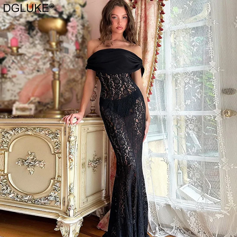

Black Lace Maxi Dress Women Luxurious Mermaid Evening Dresses 2024 Summer Elegant Transparent Off Shoulder Long Dress