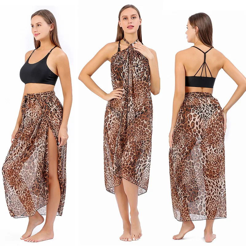 Chiffon Long Wrap Sarong – Leopard Print Bikini Cover-Up, Quick-Dry Sun Protective Swimsuit Skirt for Women and Girls Safety Accessories Scarves & sarongs
