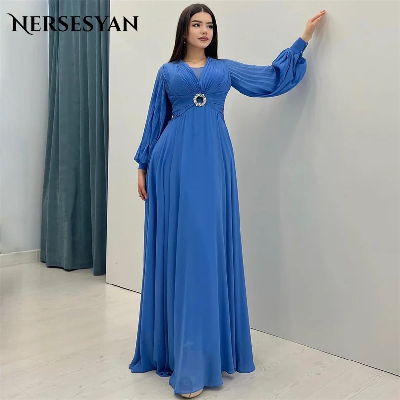 

Nersesyan Blue Modern Chiffon Formal Evening Gowns A Line Draped Party Dresses Puff Long Sleeves Pleats 2023 Vestidos De Fiesta