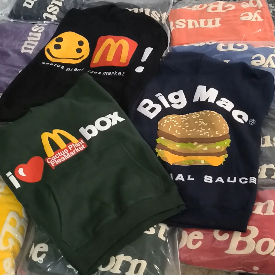 

Vintage Foam Letter Hoodie, Trendy High Street M Smiling Face Hamburger, Same Style Plush Hoodie