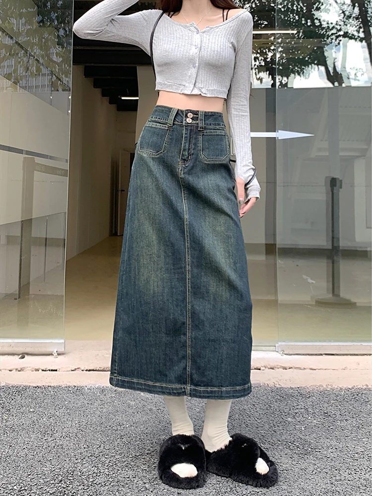 

Женская джинсовая юбка с разрезом, винтажная модная весенняя юбка-трапеция с высокой талией для девушек, повседневная однотонная универсальная уличная одежда, популярная шикарная