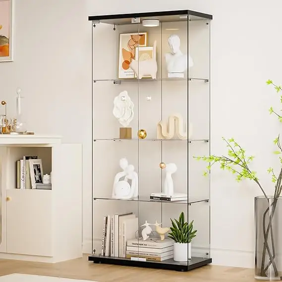 Display Cabinet 4-Shelf 2 Doors with LED Push Light Lockable Glass Case with 4mm Tempered Glass Floor-Standing.
