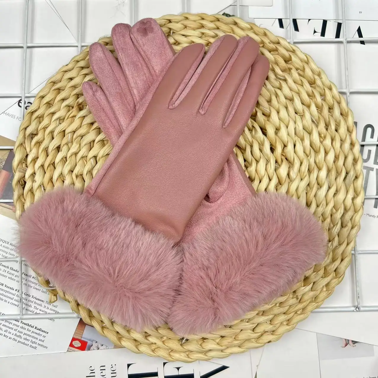 Soft PU Leather Suede Splicing Winter Women Warm Gloves Fashion Elegant Plush Wrist Windproof Thicken Cycling Drive Touch Screen