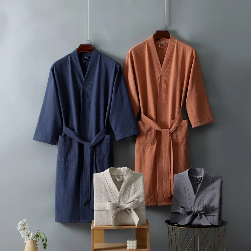 Couples Kimono Bathrobe Sleepwear Solid Sauna Clothing Men And Women Sweatshirt Robe Cotton Linen Quick-drying Hotel Spa Robe