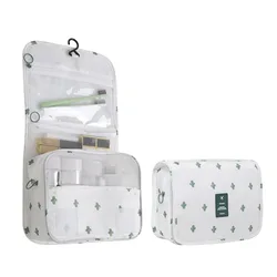 Waterproof Travel Toiletries Organizer for Women - High-Quality Makeup and Bathroom Essentials Pouch with Hook (White Cactus)