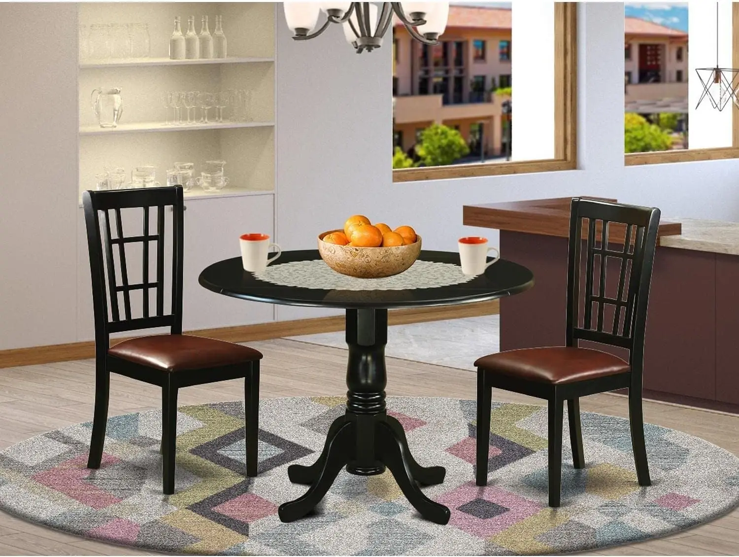 Small Spaces Contains a Round Dining Room Table with Dropleaf and 2 Faux Leather Upholstered Chairs, 42x42 Inch, Black