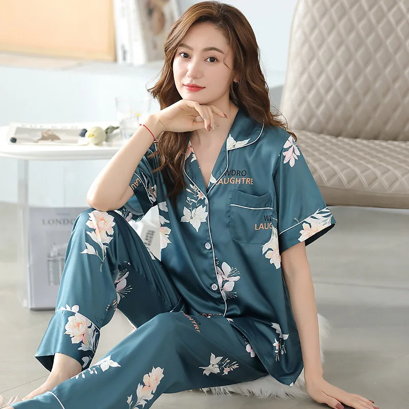Spring Summer Women's Thin Ice Silk Pajamas Short Sleeve Pants Oversized Loose Home Clothing Set Sweet Luxury Sleepwear