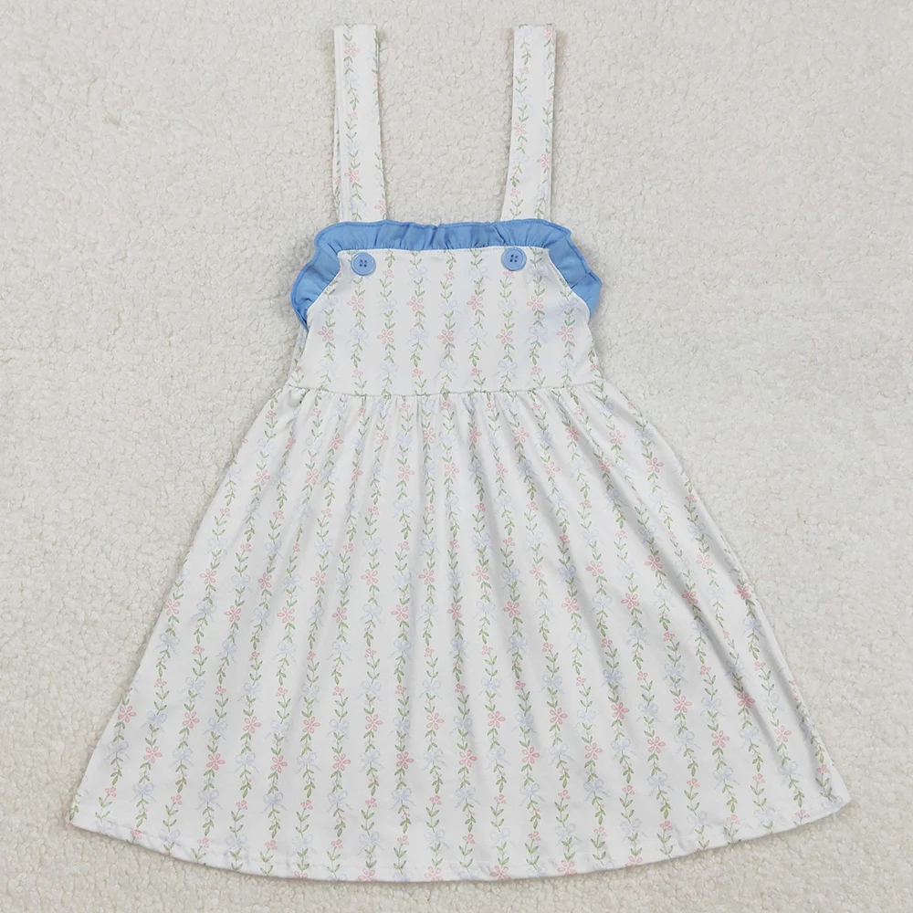 Boutique Baby Girls Dress Blue Bows Flowers Knee Length Dresses Fashion Kids Children Clothes Summer Girls Dresses New