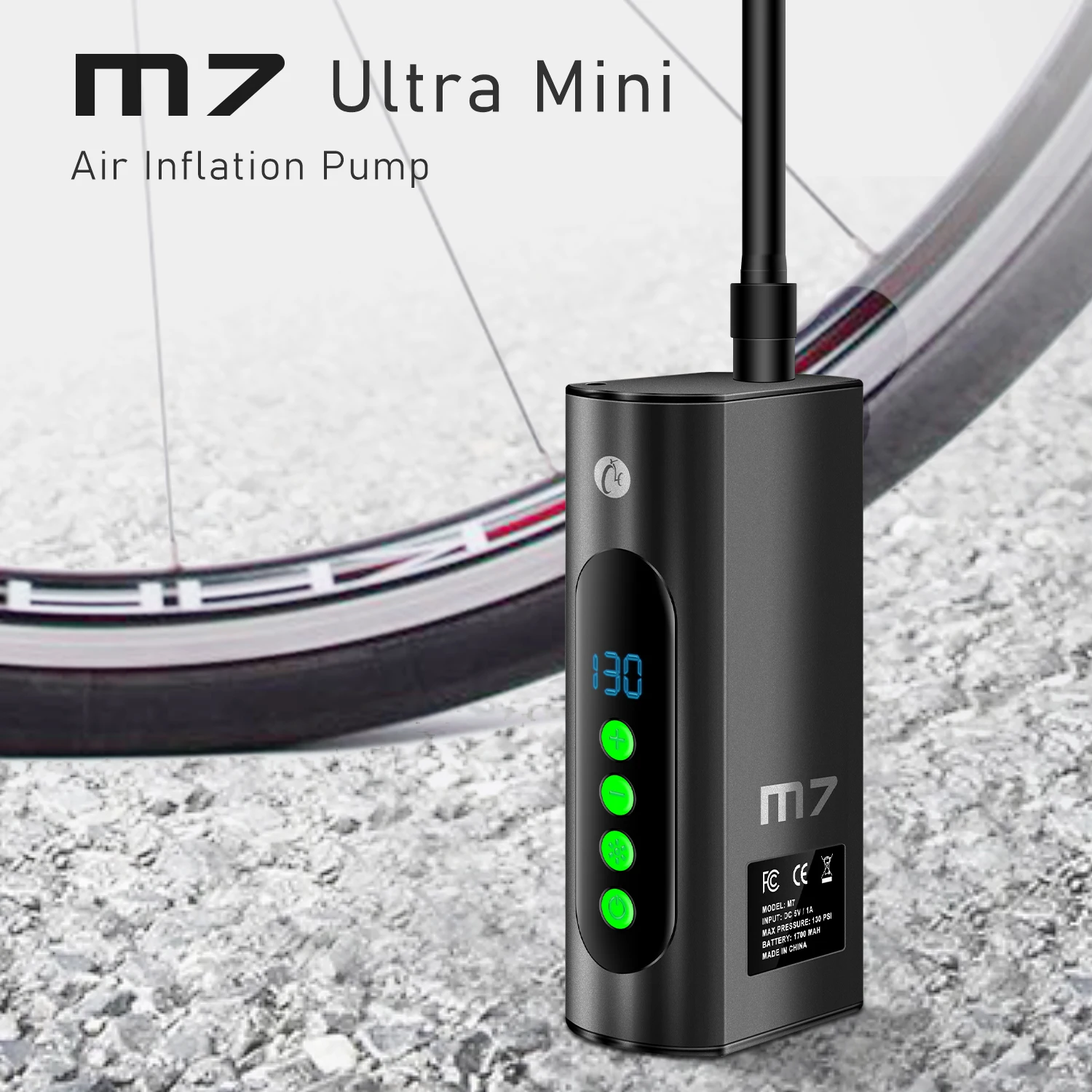 

CYCLAMI Bicycle Electric Inflator Pump Mini Portable 130Psi High Pressure Air Inflator