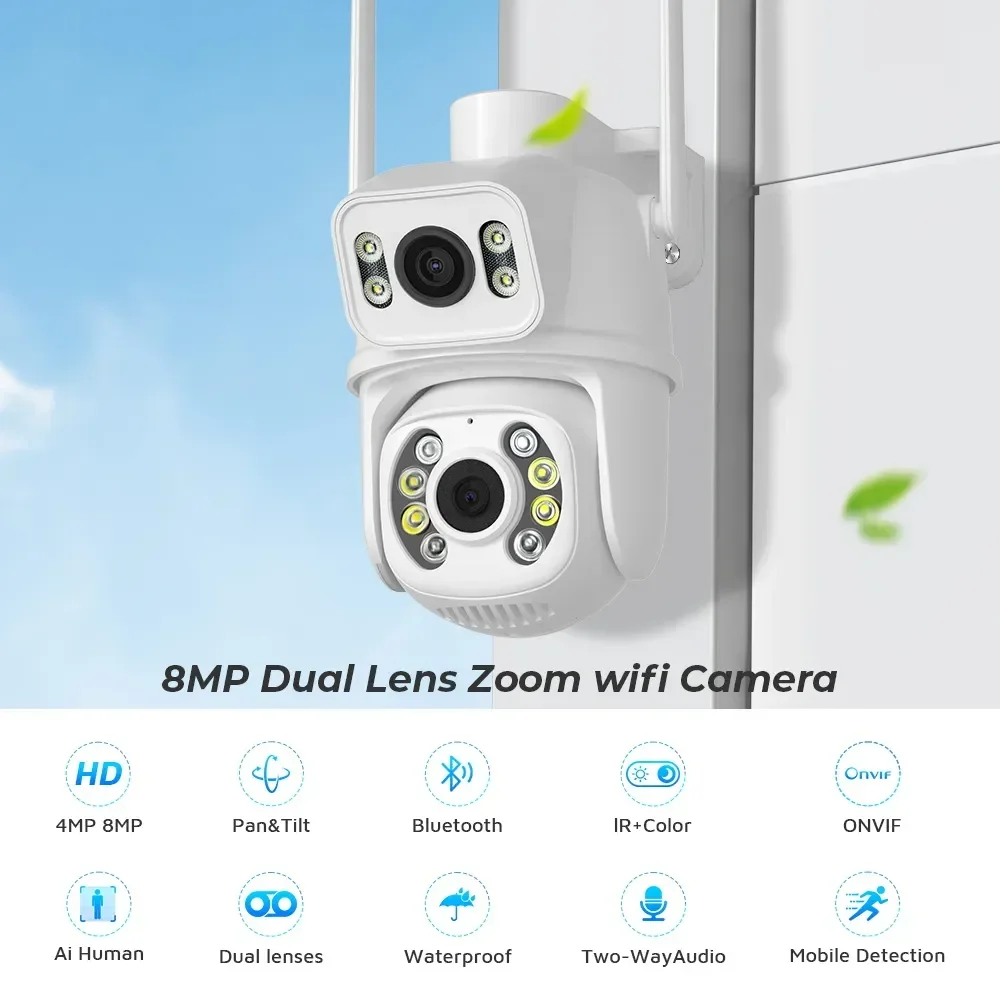 BESDER 8MP 4K PTZ kamera Wifi z podwójny obiektyw podwójnymi ekranami i do wykrywania ludzi, bezprzewodowa zewnętrzna kamera zabezpieczająca CCTV aplikacja ICSEE