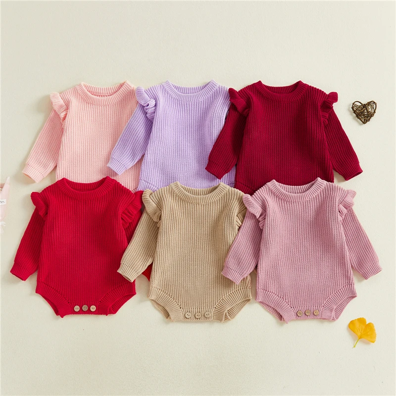 Newborn Infant Baby Girl Boy Ribbed Bodysuit  Ruffle  Long Sleeve One-Pieces Solid Jumpsuit Outfits For Girls main image 1