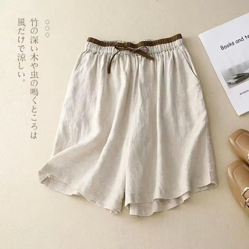 Summer Cotton Linen Elasticized High-waisted Patchwork Pockets Fashion Solid Color Loose Women's 2024 All-match Casual Shorts