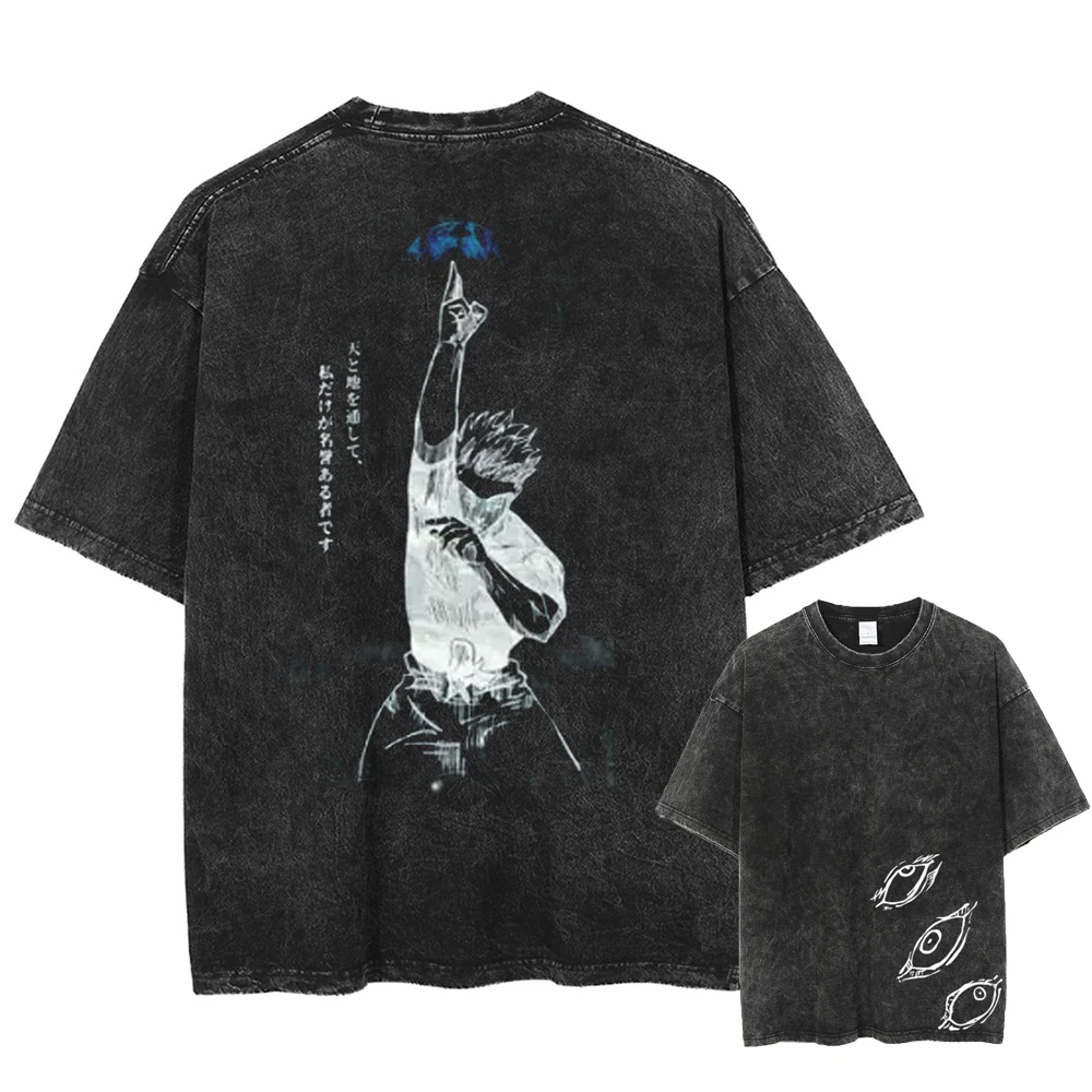 Gojo Satoru Jujutsu Kaisen T Shirt Men Women Washed Cotton Summer Short Sleeve Oversized Tees Streetwear
