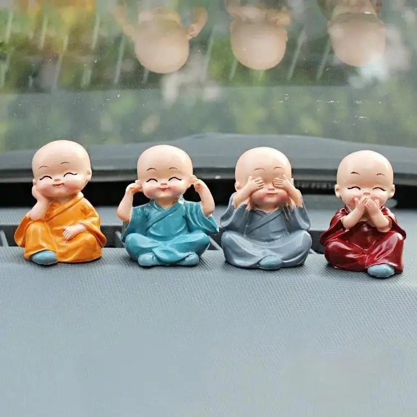 4 Pcs Resin Little Monk Sculptures Cute Buddha Statues Creative Buddha Dolls Table Car Decoration Handmade Crafts Birthday Gift