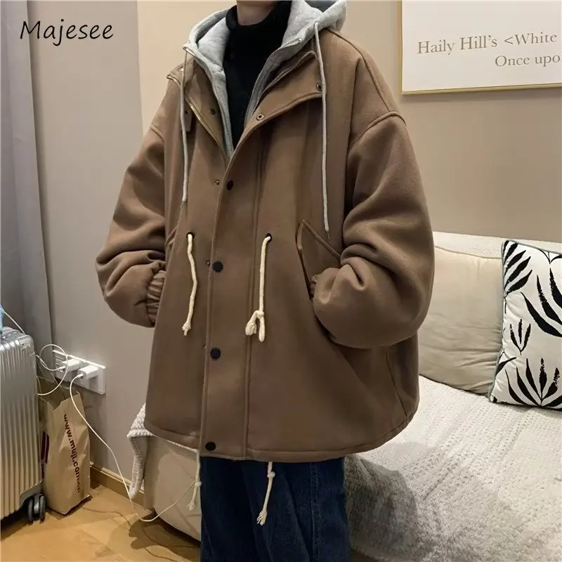 Fake Two Pieces Blends Men Warm Baggy Hooded American Style Outdoor Drawstring Rib Sleeve Winter Male Classic Overcoats Simple