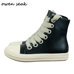 Owen Seak Women High-TOP Shoes Pu Leather Boots Men Canvas Big Lace Up Zip Luxury Trainers High Street Black Red Sneakers