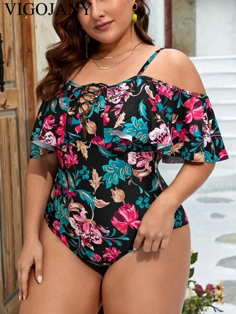 

VigoJany 2024 Print Strapped Plus Size Swimwear Women Verge Push Up Large One Piece Swimsuit Beach Chubby Big Bathing Suit