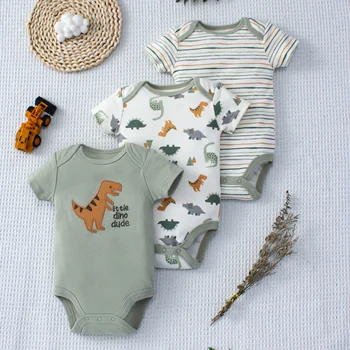 3PCS Summer Baby Bodysuit Three piece Set with Cartoon Dinosaur Pattern and Stripe Pattern Button Design for 0-9 Months Old Boys 1