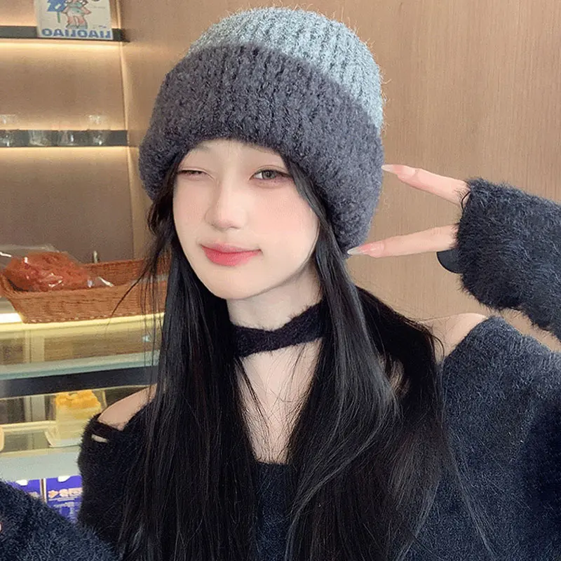 Contrast Dome Knitted Beanies Winter Women's Retro Warm Outdoor Woolen Brimless Caps Fashion Versatile Hats_voghion.com