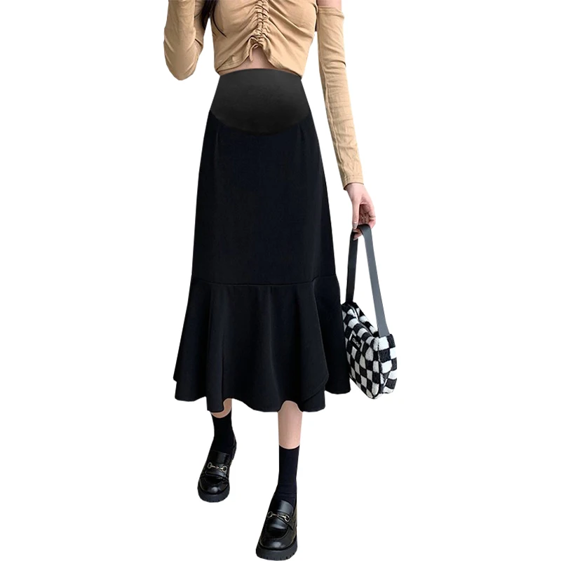 2230# Autumn Fashion Black Ruffle Maternity Skirts Elegant A Line Slim Belly Bottoms Clothes for Pregnant Women Pregnancy