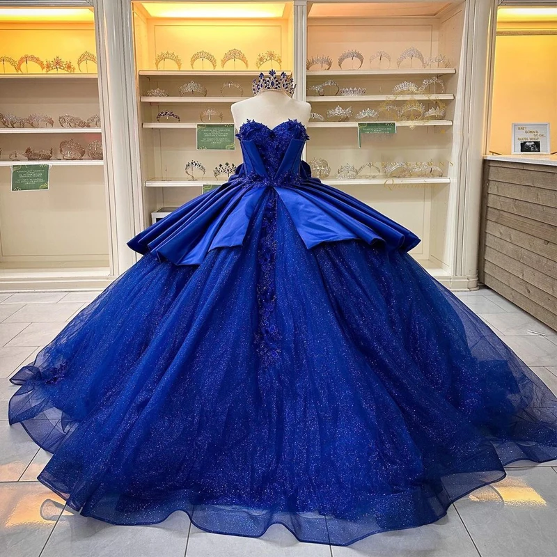 블루 볼 가운 성인식 드레스 아플리케 큰 활로 구슬 장식 Vestido 드 15 Anos 달콤한 16 공주 생일 드레스