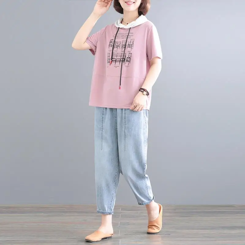 

Cotton One Piece/Set Women's Literary Summer Dress New Two-piece Loose Hooded Suit Casual Fashion Outfit Korean 2PCS Female Tops