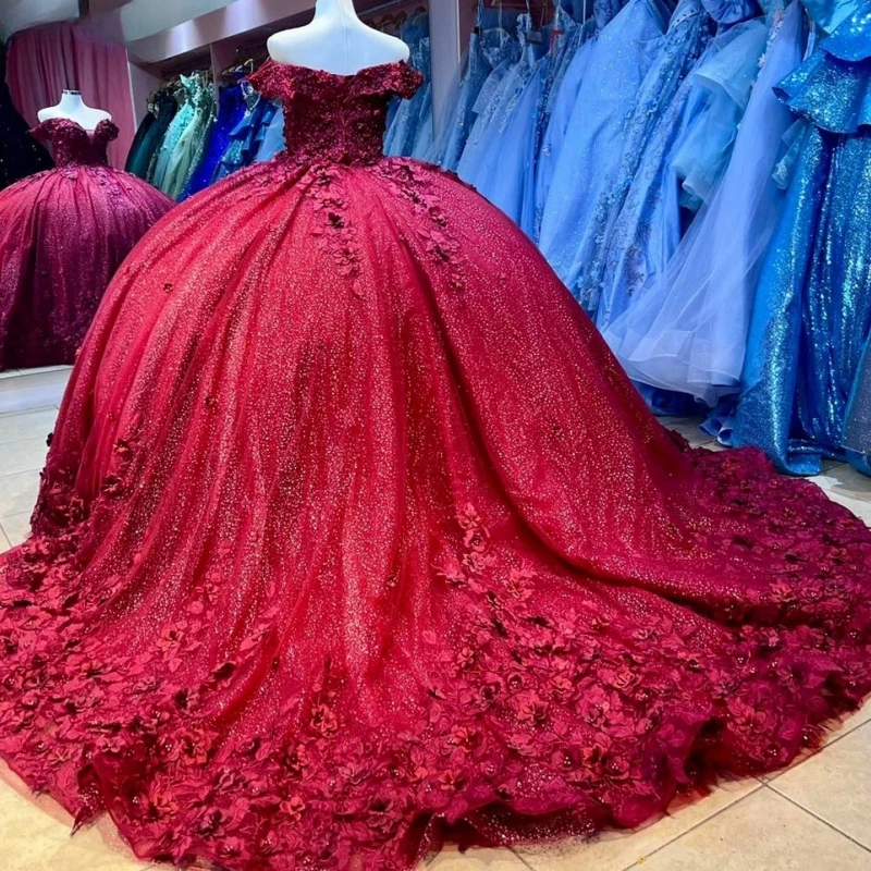 

Saudi Arabic Burgundy Quinceanera Dresses Off Shoulder 3D Floral Ball Skirt Vestido De 15 16 Anos Girl Birthday Party Prom Gown