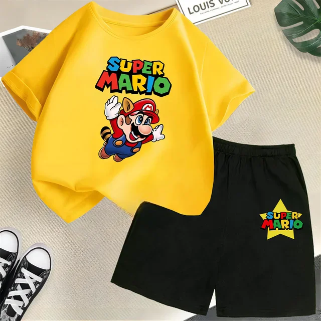 thumbnail image 1 of Conjunto de 2 piezas de camiseta y pantalones cortos de Mario de manga corta de verano para niños y niñas de 3 a 12 años, conjunto deportivo informal para niños, 1 of 5