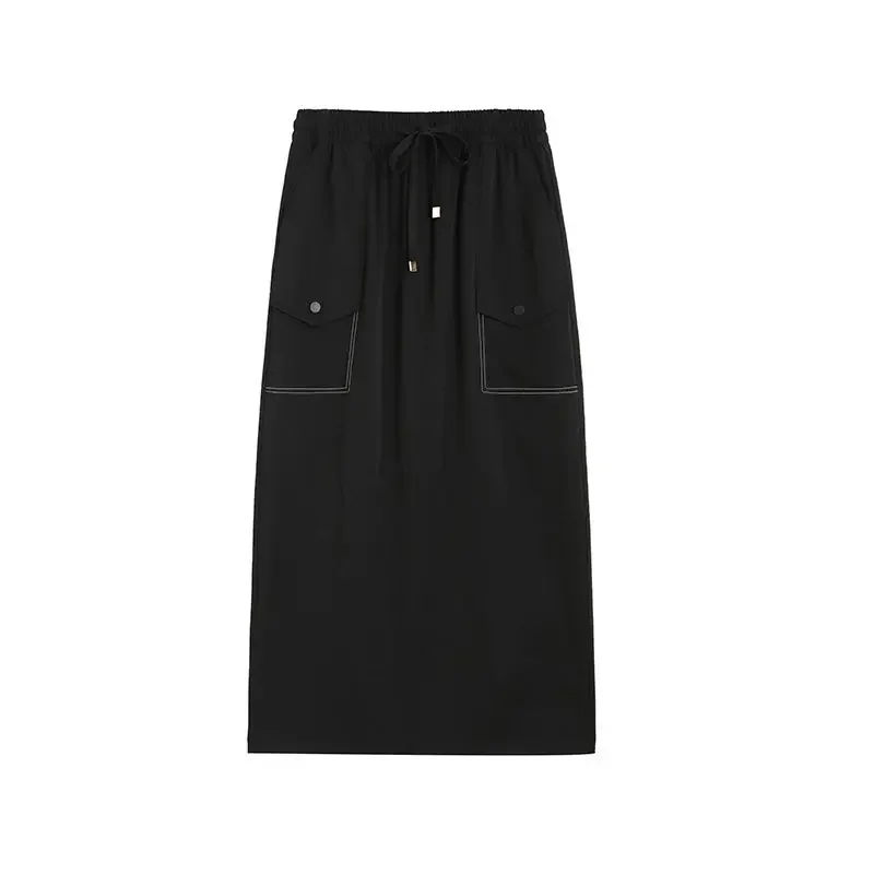 2024 Nuevo estilo de ropa de trabajo americana de cintura alta, adelgazante, informal, con abertura lateral, vestido largo holgado, diseño fresco de longitud media