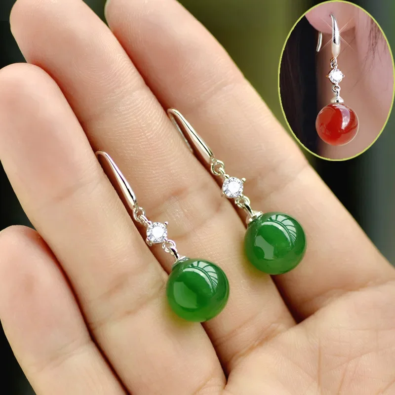 

925 Sliver Emerald Jade Jewelry Earrings Natural Green Agate Chalcedony Gemstone Drop Garnet Diamond for Women