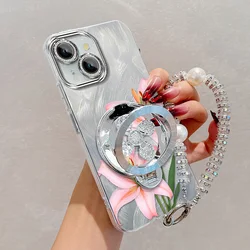 Elegant Pink Floral Phone Accessory Set with Lanyard and Stand - iPhone 15 Plus (Silver)