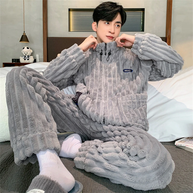 Coral Fleece Men Winter Warm Pajamas Sets Stand Collar Fluffy Coat + Long Pants Sleepwear for Sleeping Men's 2 Pieces Loungwear