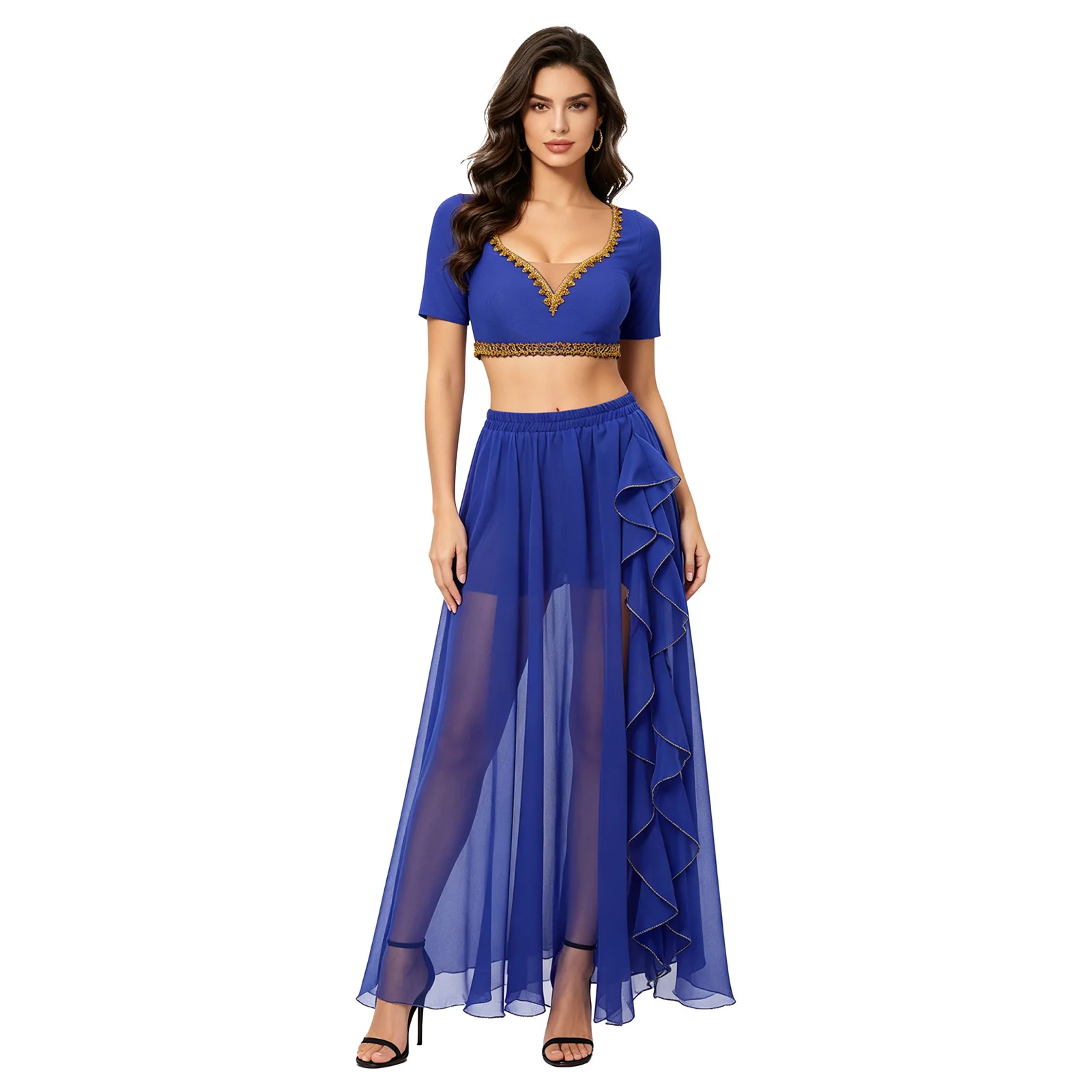 Bauchtanz-Outfit für Damen, Tanzkleidung, bauchfreies Top mit V-Ausschnitt und langer Maxirock mit Rüschen, orientalisches Folk-Bauchtanz-Performance-Kostüm – Detail 6