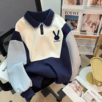 Plus Size Women's Polo Neck Sweatshirt Embroidered Heavy Work Color Block Loose Fit Comfortable Sweatshirt for plus Size Women