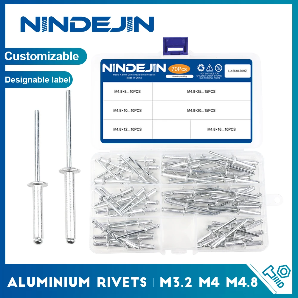 NINDEJIN Aluminium Blindnieten Kit M3,2 M4 M4,8 Kuppelkopf Aluminium Pop Nieten Sortiment Kit Auspuffnieten Set