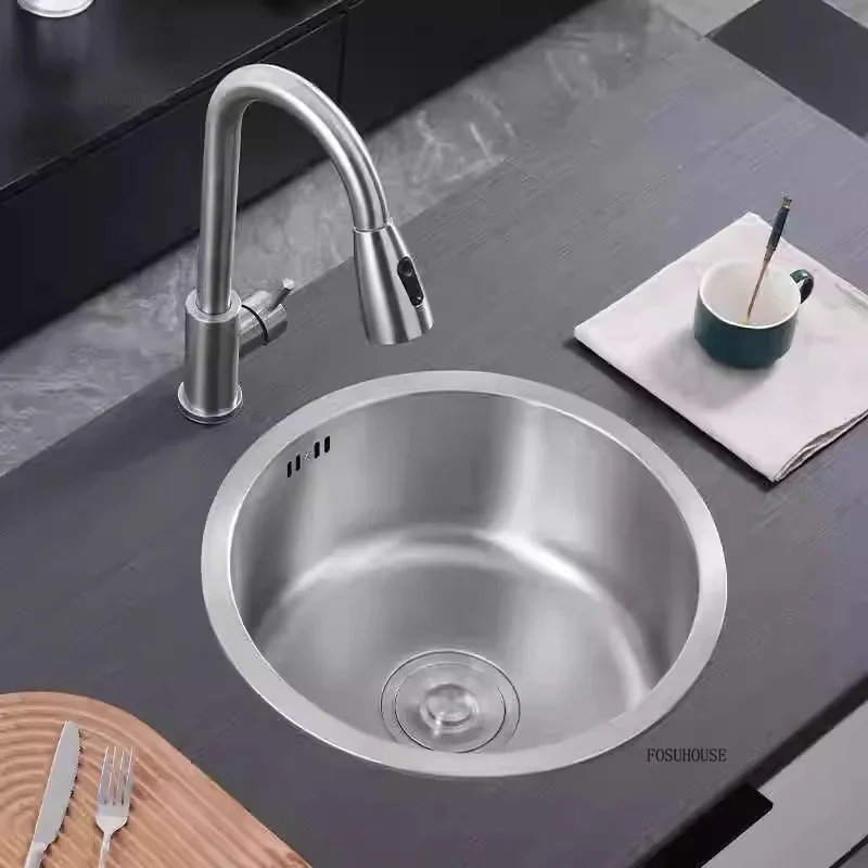 304 Stainless Steel Round Kitchen Sinks Mini Single Bowl Dish Washing Sink Bar Sinks Balcony Wash Basin Kitchen Vegetable Sink