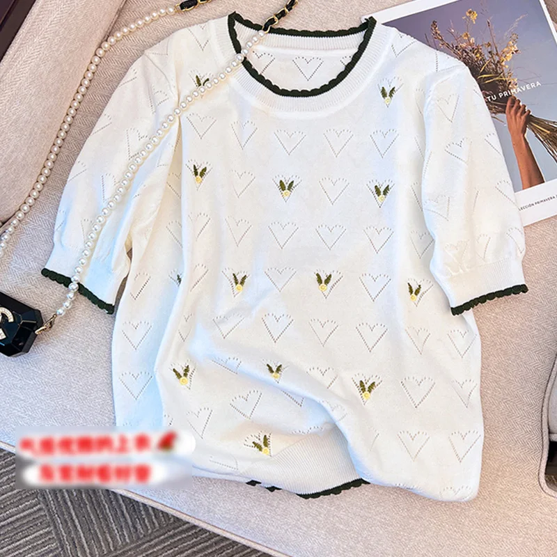 

Embroidery flower Knitted T Shirt Women Casual Short Sleeves Thin T-Shirts Woman Clothes Tee Shirt Femme Summer Tops Camisetas