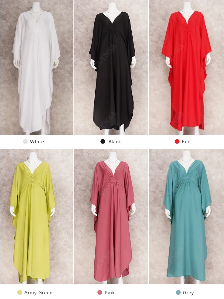 Solid V-neck Batwing Sleeve Plus Size Loose Maxi Dress For Women Summer Beach Wear Kaftan Long Bathing Suit Cover Up Q1306