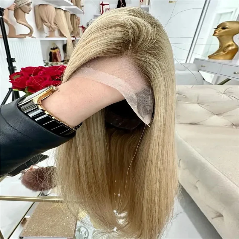 New Honey Blonde Bob Wig Light Brown Highlights High Heat Fibre Synthetic Lace Front Wigs Short Straight Cosplay Wig for Women